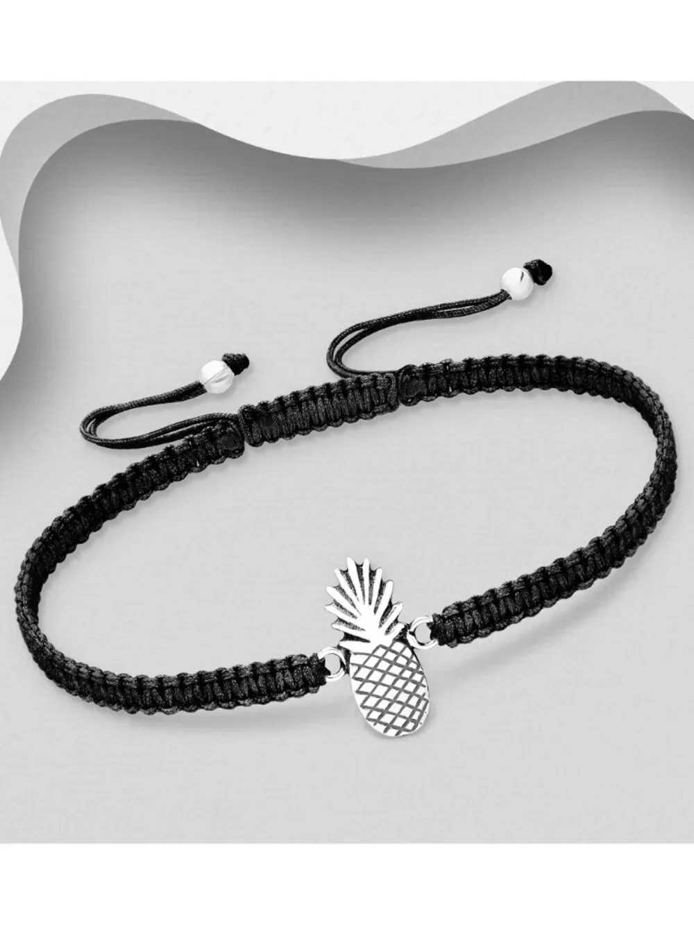 925 Sterling Silver Oxidized Pineapple with Adjustable Thread Bracelet